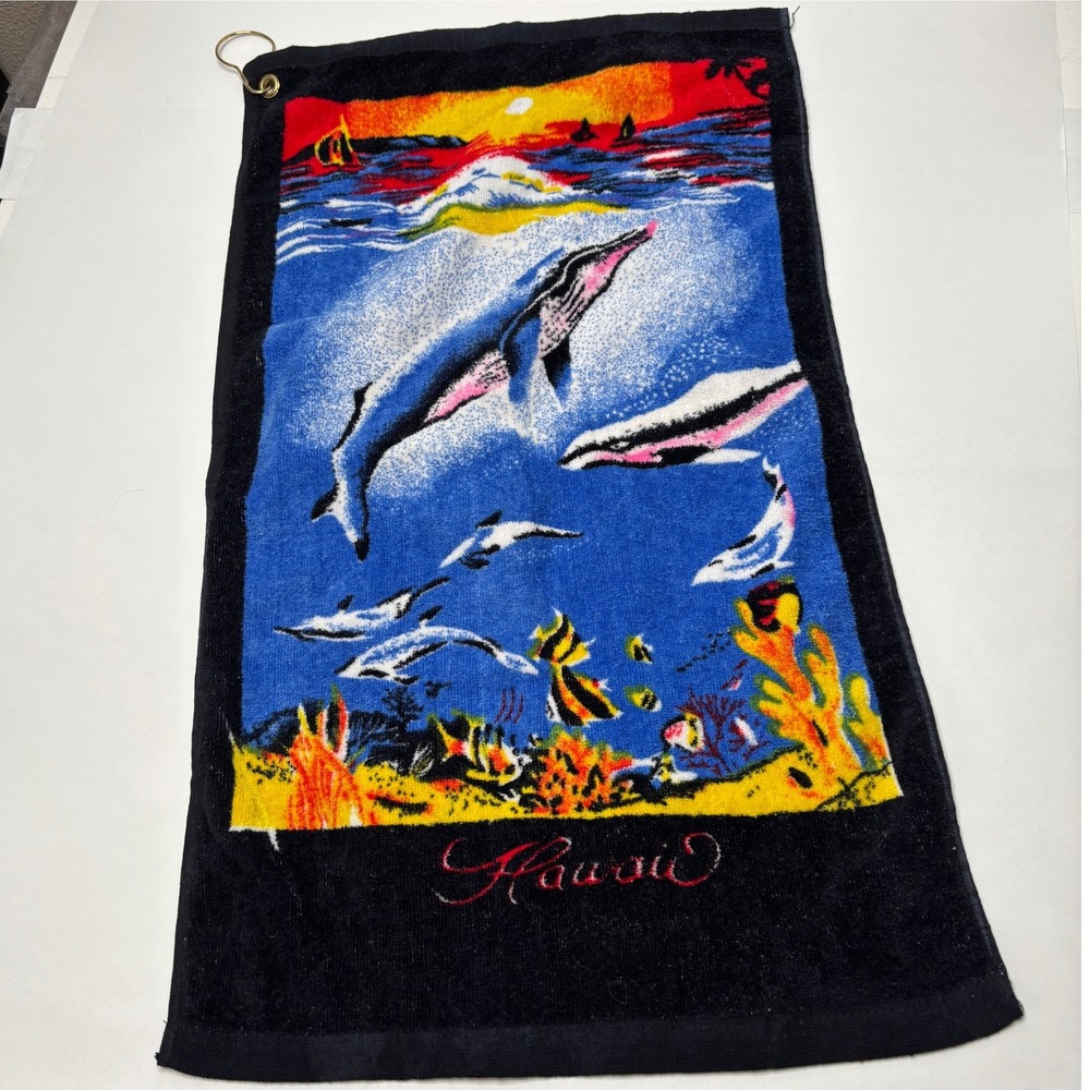 VTG Black Hawaii Hand Towel w Hook Sea Life Whales Dolphins Ocean Retro Colorful